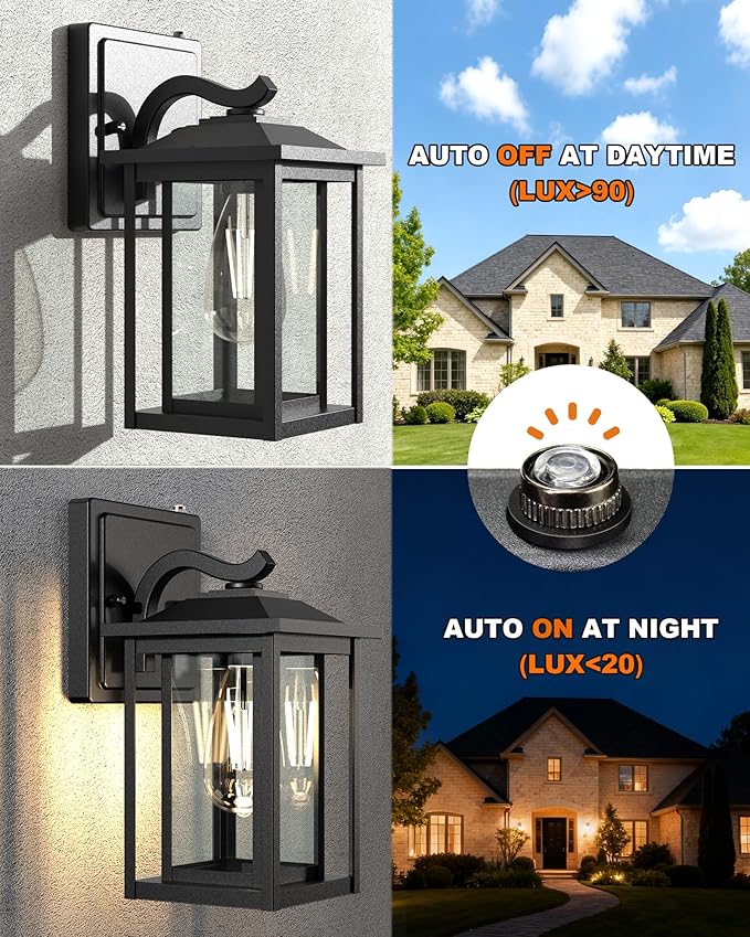 Dusk to Dawn Outdoor Lighting, Modern Black Waterproof Exterior Wall Sconce, Sensor Front Porch Lights with E26 Base for House Garage Patio Front Door, 120V