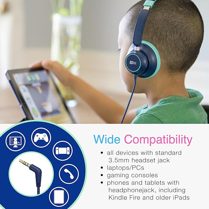 MEE Audio KidJamz KJ45 Children’s Safe Listening Headphones with Volume Limiter & Microphone, Adjustable On-Ear Kids Headset Wired with 3.5mm Jack for Online Learning/School/Travel/Tablet (Blue/Teal)