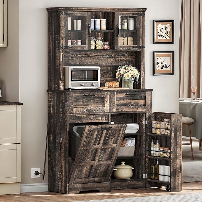 DWVO Kitchen Pantry Storage Cabinet with Tilt-Out Trash Can Fit 10 Gallon, Tall Farmhouse Kitchen Hutch Cabinets with Charging Station & Microwave Stand for Home Living Dining Room, Dark Rustic Oak