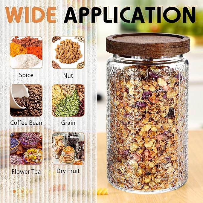 Domensi 6 Pcs Vintage Glass Jars 34 oz Glass Storage Jars with Lids Window Pattern Airtight Storage Containers for Kitchen Counter, Pantry, Coffee Bean, Grains, Tea, Sugar, Flour, Candy, Oats
