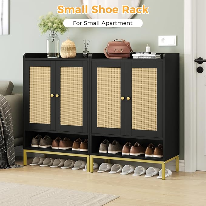 JASIWAY Rattan Shoe Cabinet Storage for Entryway, Shoe Cabinet with Adjustable Shelves for Entryway, 5-Tier, 20 Pair Shoe Rack Storage for Hallway, Closet, Living Room, Black