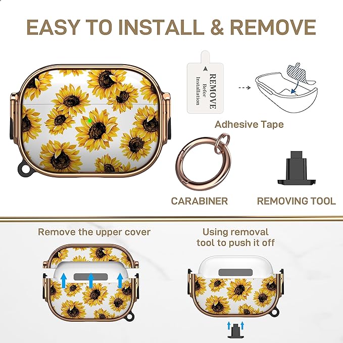 Maxjoy for AirPods Pro 2nd/1st Generation Case with Lock, Cute AirPods Pro 2 Case Lock Protective Hard AirPod Pro Cover for Women Girly with Keychain for Airpod Pro (2023/2022/2019), Sunflower