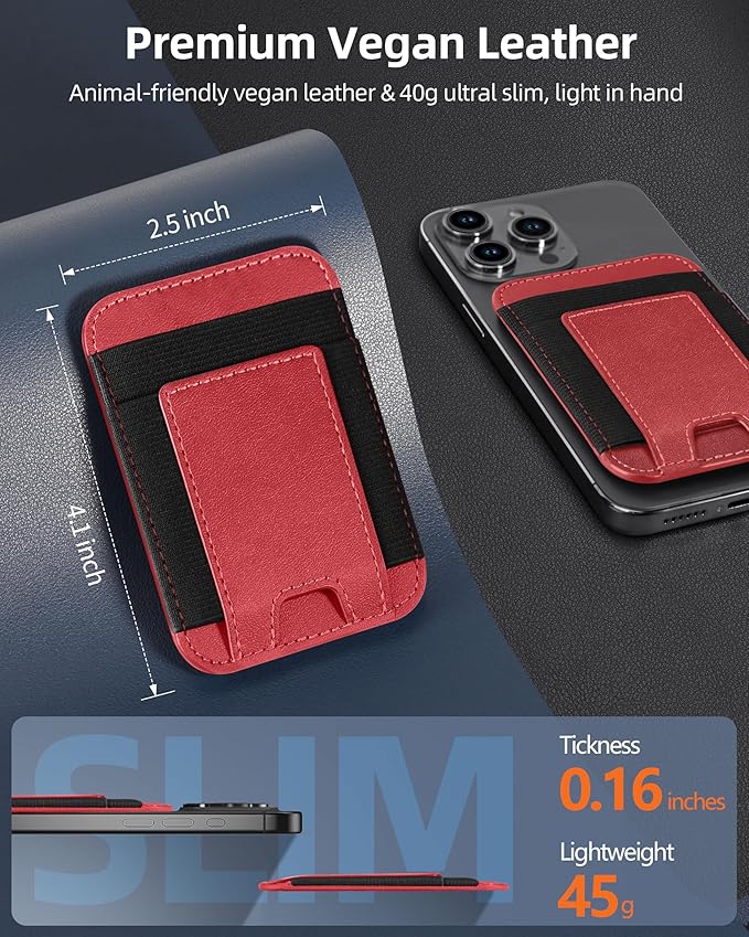 Upgraded for Magsafe Wallet, Strongest Magnetic Wallet for iPhone 17/16/15/14/13/12 Series, Magnetic Card Holder with 2 Card Slots, RFID Blocking, Vegan Leather, Fit 7 Cards, Red