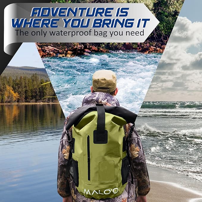Malo?™o DryPack 30L Waterproof Backpack, Roll-Top Dry Bag Backpack with Padded Straps, Floating Design for Beach, Kayaking, Fishing, Boating, Travel, and Water Sports, Dark Green