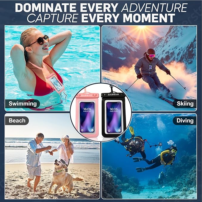 Waterproof Phone Pouch [2-Pack] – 100% IPX8 Dry Bag with Secure Lock, Touchscreen Access & Lanyard – Fits iPhone 15/14/13 Pro Max, Galaxy & More – Black & Pink – Up to 7” – Swim/Beach/Travel