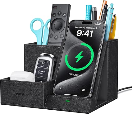 Wireless Charger with Desk Organizer, 3 Compartments and 1 Phone Stand