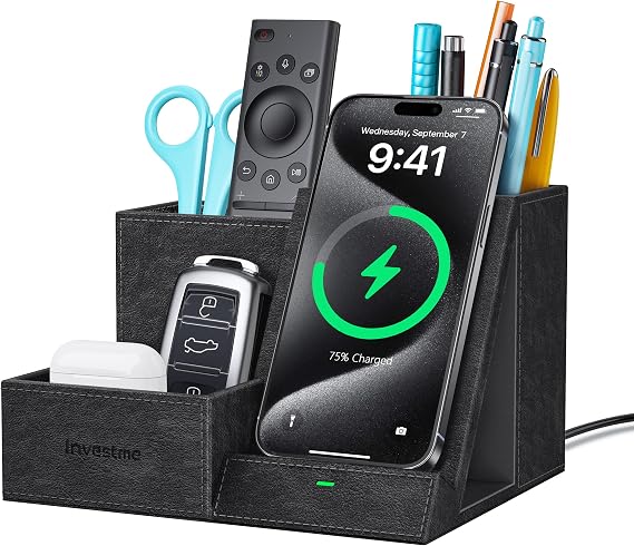 Wireless Charger with Desk Organizer, 3 Compartments and 1 Phone Stand