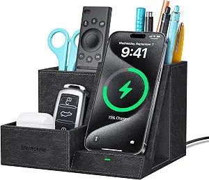 Wireless Charger with Desk Organizer, 3 Compartments and 1 Phone Stand