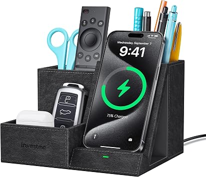 Wireless Charger with Desk Organizer, 3 Compartments and 1 Phone Stand