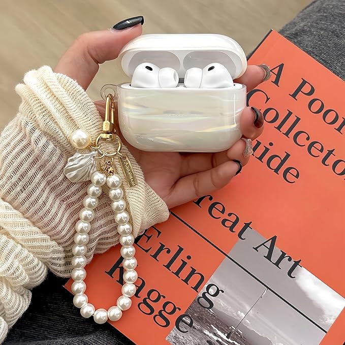 Cute Case for Airpods Pro 3 (2025), Bling Shell Pattern Soft TPU Protective Cover with Luxury Pearl Shell Keychain for Apple Airpods Pro 3 Charging Case, Colorful White