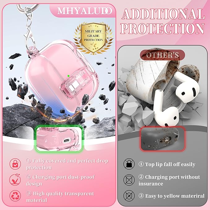 for AirPods 4th Generation Case Cover 2024, Military-Grade Shockproof Transparent Anti-Yellowing, Charging Port Dust-Proof & Stand Design with Cleaning Kit for AirPods 4 Case, Crystal Pink