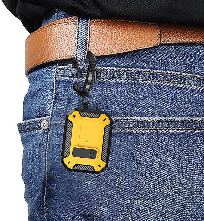 Maxjoy for AirPods Pro Case Cover with Lock, AirPods Pro 1st Generation Case for Men Military Rugged Protective Cover with Keychain Compatible with Apple AirPod Pros 2019 Front LED Visible, Yellow