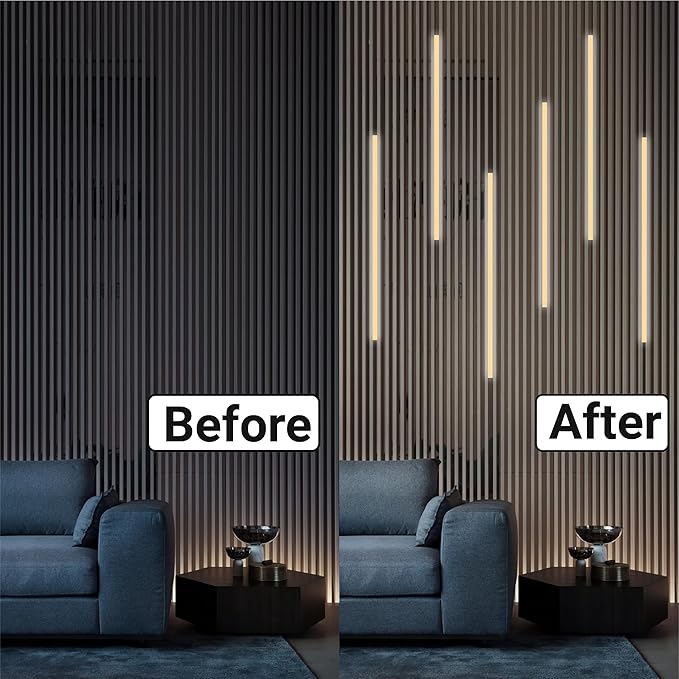 HAMRVL Wood Slat Wall Panels LED Recessed Lighting - DC12V 6pcs 16in Self-Adhesive Dimmable Wall Panel Lights with Touch Switch, 4000K White LED Light for Acoustic Panels, Headboard, Cabinet Lighting