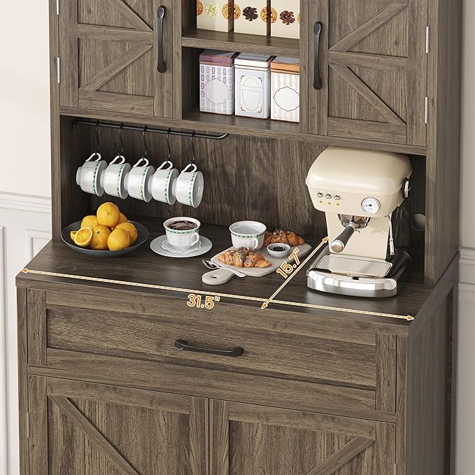 Semoic 69.3" Tall Kitchen Pantry Cabinet, Farmhouse Large Storage Cabinet with 2 Barn Doors, 1 Drawer and Storage Shelves, Buffet Cupboard Kitchen Hutch with Wide Countertop and Charge Holes, Brown