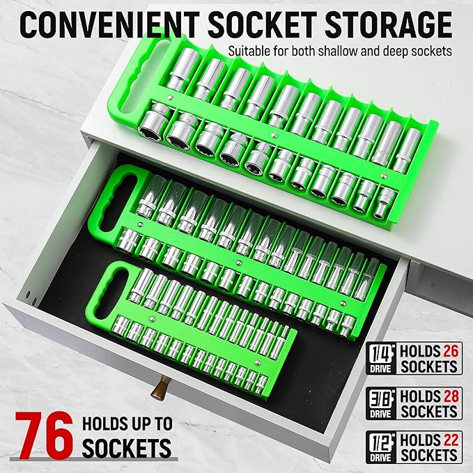 Magnetic Socket Organizer Set, 3 Pcs Green Portable Heavy Duty Socket Rail Set: 1/4-Inch x 22 Pallets, 3/8-Inch x 28 Pallets, 1/2-Inch x 26 Pallets, Hold 76 Sockets - Fit Shallow&Deep Sockets