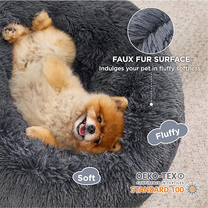 Bedsure Calming Dog Bed for Small Medium Dogs - Donut Washable Medium Pet Bed, 27 inches Anti-Slip Round Fluffy Plush Faux Fur Cat Bed, Dark Grey