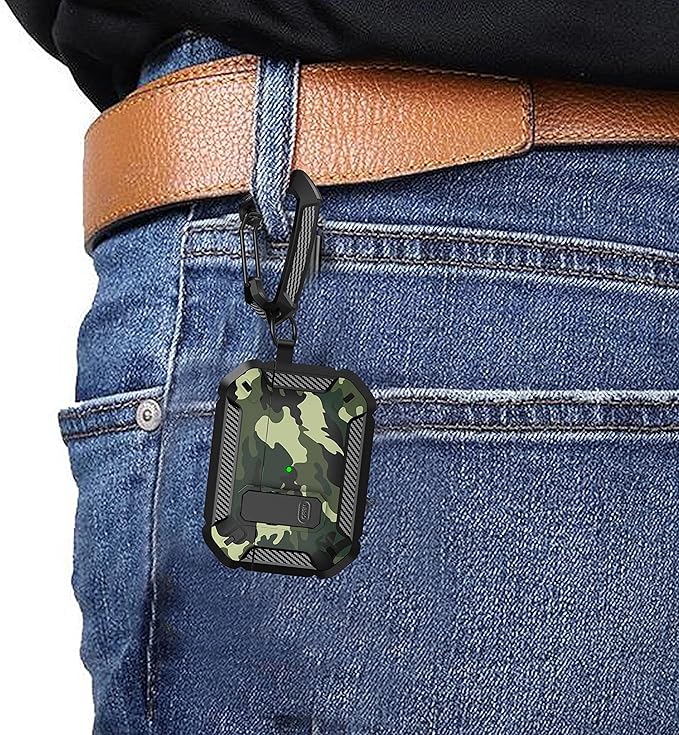 Maxjoy for AirPods Pro Case Cover with Lock, AirPods Pro 1st Generation Case for Men Military Rugged Protective Cover with Keychain Compatible with Apple AirPod Pros 2019 Front LED Visible, Green Camo