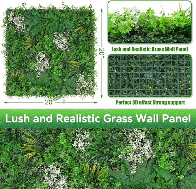 20"x20" Grass Wall Panels, 12PCS Artificial Greenery Backdrop Wall with UV Resistant Leaves, Faux Green Wall Decor for Outdoor Indoor Patio Garden Backyard