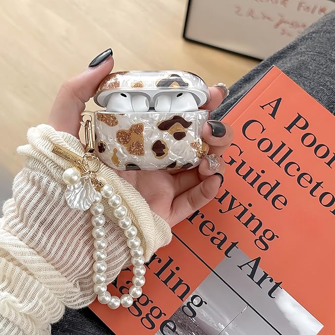Cute Case for Airpods Pro 3 (2025), Bling Leopard Pattern Soft TPU Protective Cover with Luxury Pearl Shell Keychain for Apple Airpods Pro 3 Charging Case, Leopard Color
