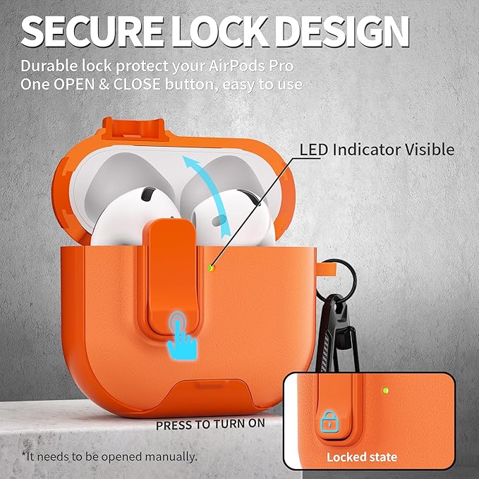for AirPods 4 Case with Lock,TPU Leather Texture Protective Durability Anti-Lost & Shockproof Protective Cover Accessories with Cleaning Kit in Keychain for Apple AirPods 4 Generation (Orange)