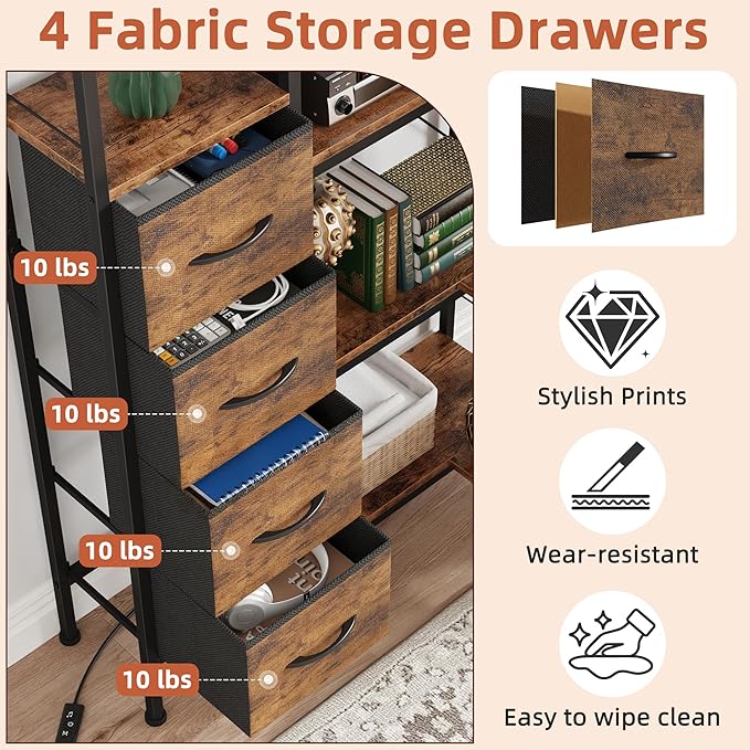 Corner Bookshelf with LED Light Strips & 4 Fabric Drawers, 5-Tier Convertible Corner Shelf with Display Shelf, Large Wood Industrial Bookcase for Living Room, Bedroom, Home Office, Rustic Brown