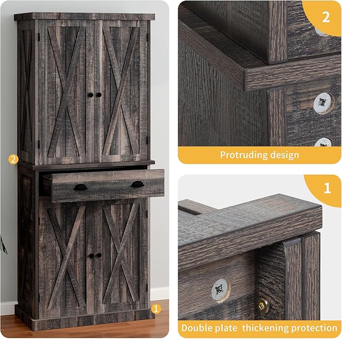 DWVO 72'' Farmhouse Kitchen Pantry, Rustic Wood Kitchen Storage Cabinets with Adjustable Shelves & Drawer, Tall Freestanding Cupboard for Dining Room, Living Room, Dark Gray