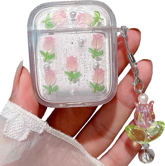 JANDM 3D Tulip for AirPods 1/2 Case with Keychain, Clear Glitter Pink Floral Design, Shockproof Protective Cover for Women Girls with Flower Charm Strap