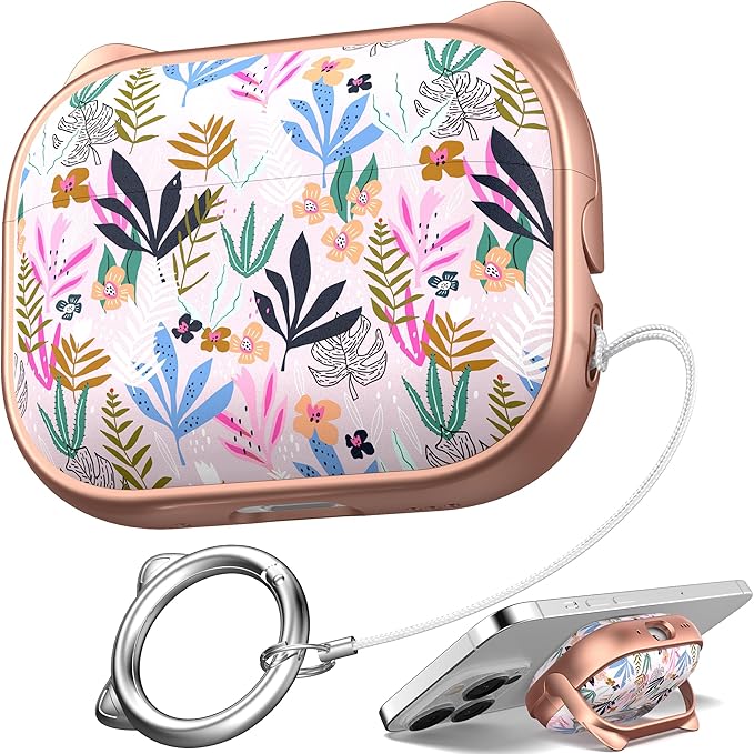 for AirPods Pro 2 Case with Cleaning Kit, Cute Cat Ear Print Design & Cute Buckle for Girls, Phone Holder & Top Safe Lock Buckle Design for AirPods Pro 2nd/1st Gen case, Rose Gold Leaves