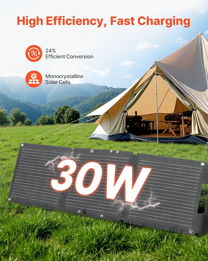 VEVOR 30W Foldable Solar Panel Charger, 16BB N-Type Monocrystalline Solar Panel 24% Efficiency, Ultra-Light Portable with USB-A, USB-A (QC3.0) & Type-C Ports for Camping, Backpacking, Phones, Tablets