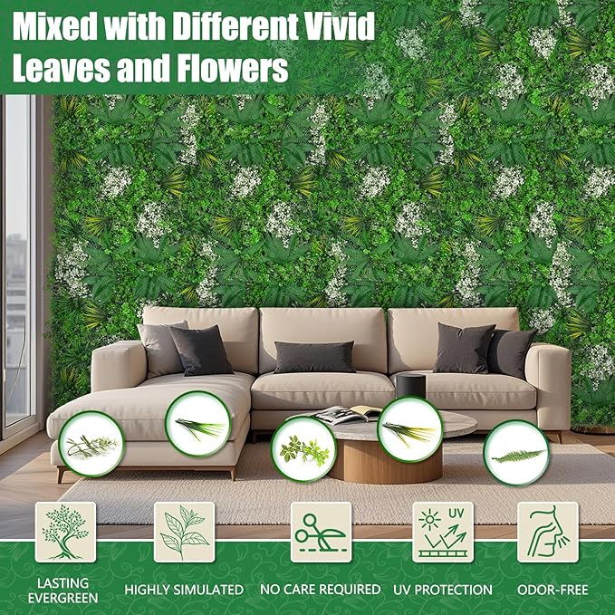 20"x20" Grass Wall Panels, 8PCS Artificial Greenery Backdrop Wall with UV Resistant Leaves, Faux Green Wall Decor for Outdoor Indoor Patio Garden Backyard