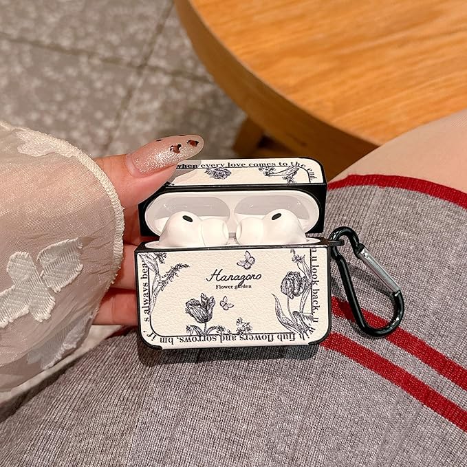 for AirPod Pro 3 Case 2025 for Women Girls Cute Flower Design with Keychain PU Leather Squre Shockproof Protective Cover Compatible with AirPods Pro 3rd Gen Case (Retro Rose White)