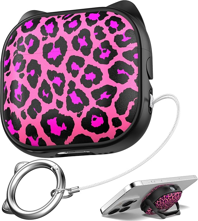 for AirPods 4 Case with Cleaning Kit, Cute Cat Ear Print Design & Cute Buckle, Inverted Phone Holder Design, Top Safe Lock Buckle Design, for Girls AirPods 4 case 2024, Rose Leopard