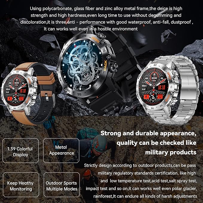 Military Smart Watch for Men(Answer/Dial Calls), Fitness Tracker for Android iPhone, 1.39" Activity Tracker with Heart Rate Sleep SpO2 Monitor, Calorie, 5ATM Waterproof Smartwatch, 3 Straps (Silver)