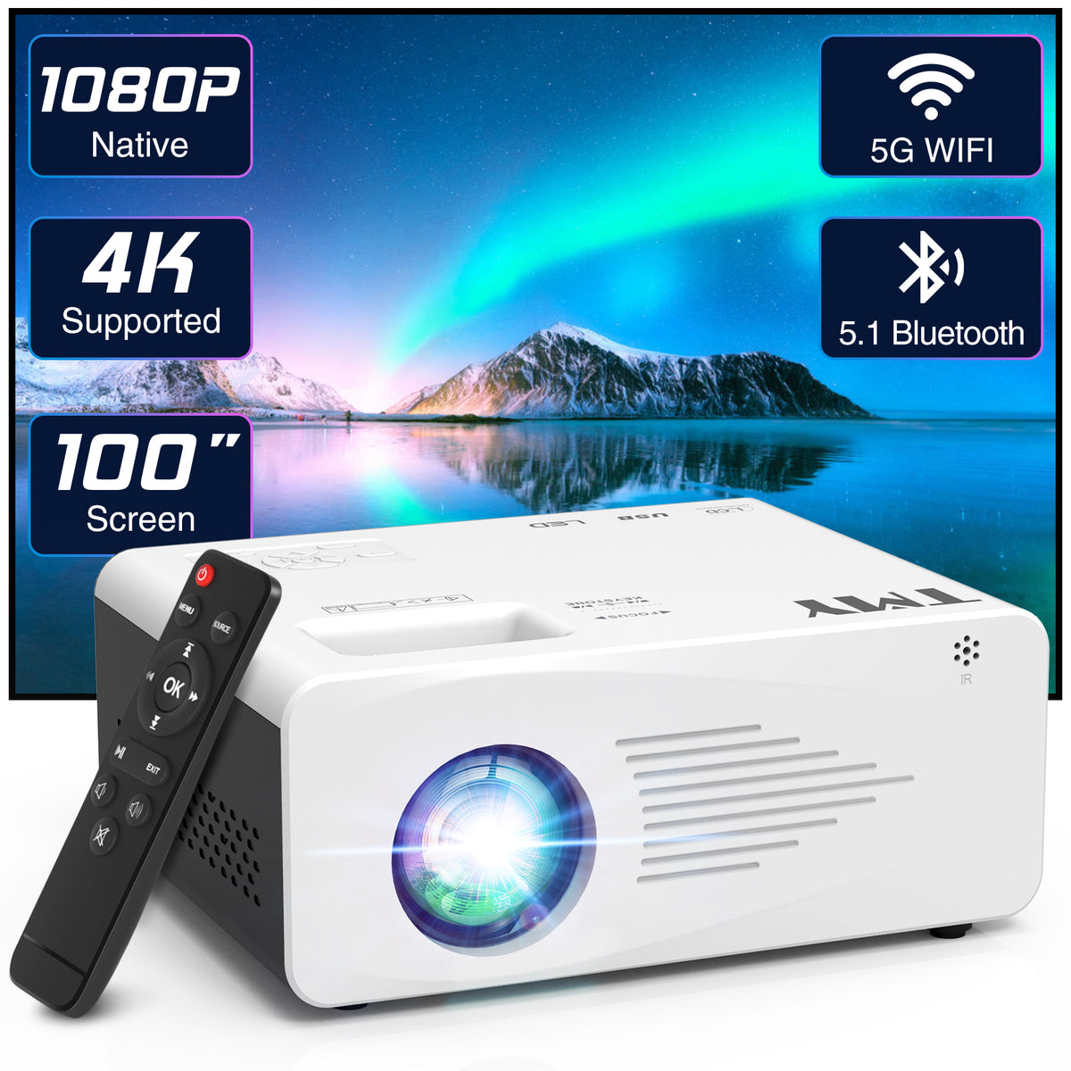 TMY Native 1080P Projector with WiFi and Bluetooth, with 80in Screen