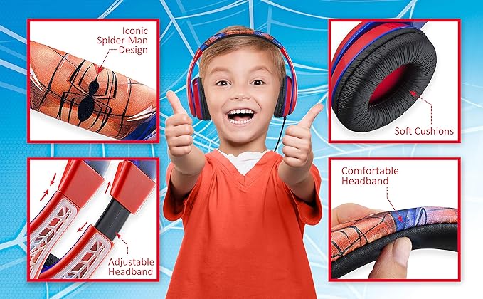 eKids Spiderman Kids Headphones, Adjustable Headband, Stereo Sound, 3.5Mm Jack, Wired Headphones for Kids, Earphones for School, Home or Travel