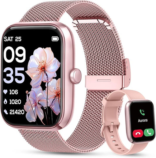 KALINCO Smart Watch Women [2 Bands, 44mm case] 1.83" Alexa Fitness Tracker, Heart Rate, Sleep, Stress Monitor, IP68 Waterproof Smartwatch, Make/Answer Calls, Compatible with iPhone & Android Phones