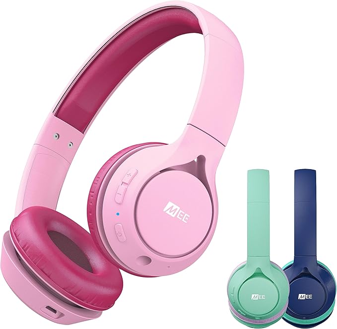 MEE audio KidJamz KJ45BT Children's Safe Listening Bluetooth Wireless Headphones with Volume Limiter & Microphone, Adjustable On-Ear Kids Headset for Online Learning/School/Travel/Tablet, Pink/Magenta
