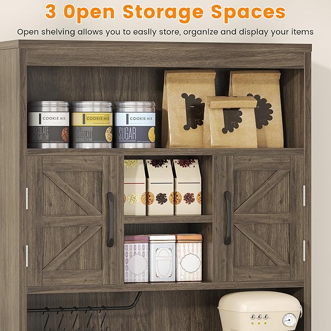 Semoic 69.3" Tall Kitchen Pantry Cabinet, Farmhouse Large Storage Cabinet with 2 Barn Doors, 1 Drawer and Storage Shelves, Buffet Cupboard Kitchen Hutch with Wide Countertop and Charge Holes, Brown