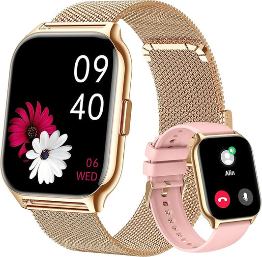 Popglory Smart Watch Answer/Make Calls, 2.01'' Smartwatch with AI Voice Control, Blood Pressure/SpO2/Heart Rate Monitor, Fitness Tracker Watch 2 Straps for Men Women for iOS Android Phones