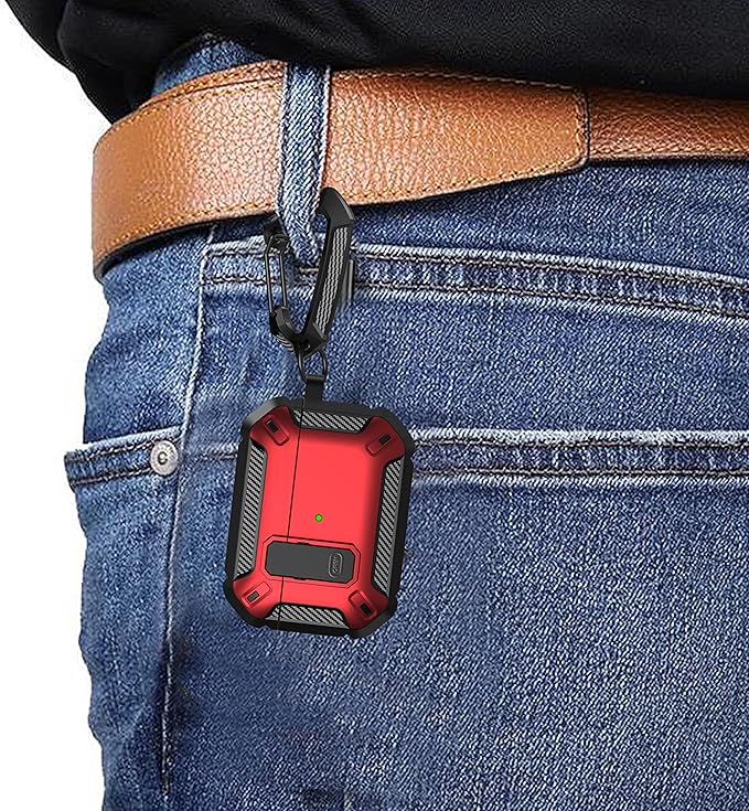 Maxjoy for AirPods Pro Case Cover with Lock, AirPods Pro 1st Generation Case for Men Military Rugged Protective Cover with Keychain Compatible with Apple AirPod Pros 2019 Front LED Visible, Red Camo