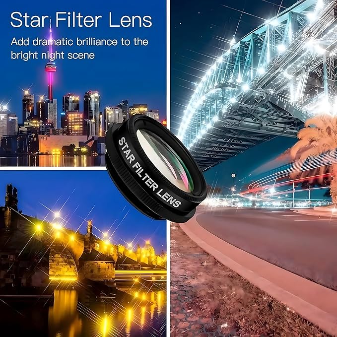 7 in1 Mobile Phone Camera Lens, Mobile Phone Lens Kit, Universal Clip, for iPhone, for Samsung, for Android Smartphone, On Wide Angle+Macro+ Fish Eye+Kaleidoscope+Star Filter+CPL Lens(Black)