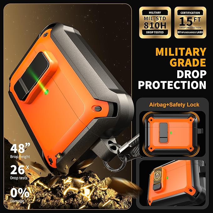 RFUNGUANGO AirPods Pro 3 Case (2025) with Safety Lock and Automatic Pop-up, Compatible with Airpods Pro 3rd Generation Case, Magnetic Lid, Compatible MagSafe, Hard Shockproof Protective Case, Orange