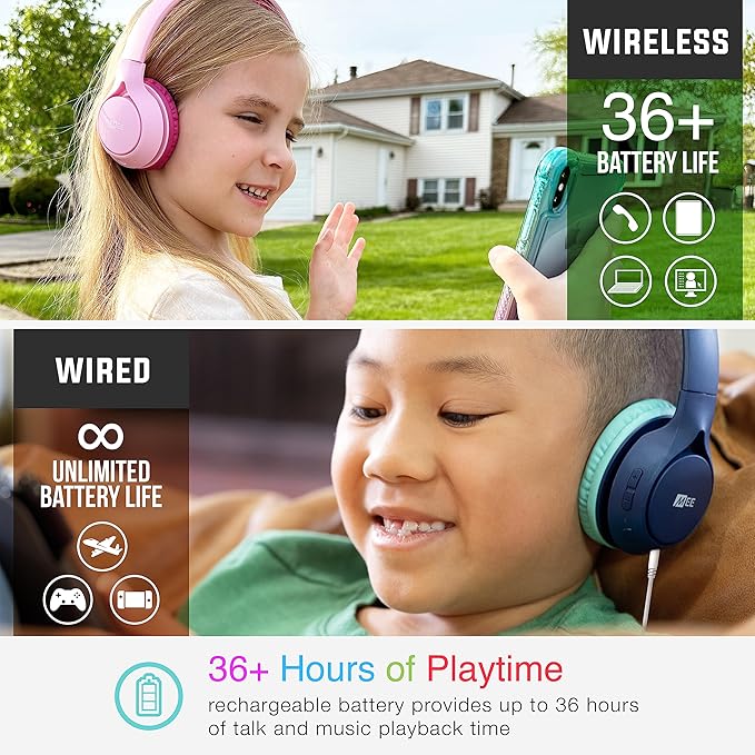 MEE audio KidJamz KJ45BT Children's Safe Listening Bluetooth Wireless Headphones with Volume Limiter & Microphone, Adjustable On-Ear Kids Headset for Online Learning/School/Travel/Tablet, Pink/Magenta