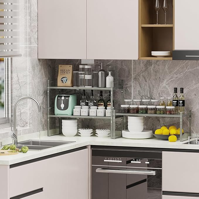 Expandable Stackable Spice Rack Cabinet Shelf Organizer in Cabinets Shelves Kitchen Cupboard Organization Stack up Racks Pantry Countertop Storage (Gray, Medium 3 Packs)