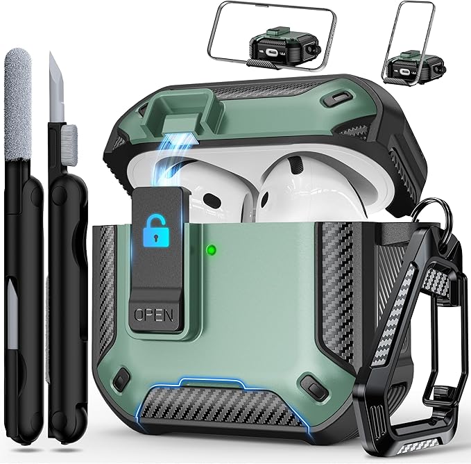 RFUNGUANGO Compatible AirPods 4th Generation Protective Case with Phone Holder and Compatible Back Magnetic Suction Function, Suitable for AirPods 4th Case-Green
