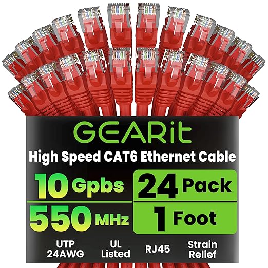 GEARit Cat 6 Ethernet Cable (24-Pack 1 Foot) Cat6 Network Patch, 10Gbps, RJ45, Snagless Cord, Gold-Plated Connectors, Internet for PC, TV, Tablet, Router, Printer, Servers, IT Data Center - Red
