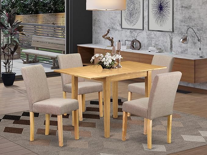 East West Furniture 1NDAB5-OAK-04 5 Piece Dining Set Includes a Rectangle Dining Room Table with Dropleaf and 4 Light Tan Linen Fabric Upholstered Parson Chairs, 30x48 Inch, Oak
