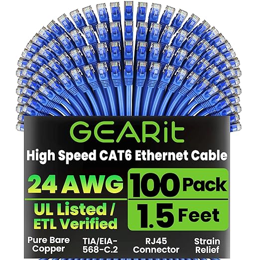 GEARit Cat 6 Ethernet Cable Pack - 100-Pack 1.5 ft Cat6 Ethernet Patch Cables | RJ45 Network Patch Cable, 10 Gbps Snagless Gold-Plated Connectors - Ethernet Cable Cat 6 for PC, TV, Router - Blue