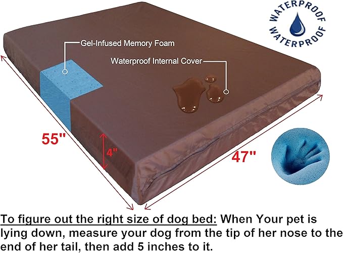 Dogbed4less Orthopedic Waterproof Durable Gel Cool Memory Foam Dog Bed for Large Dogs, Microsuede in Brown Color, Jumbo 55X47X4 Inches