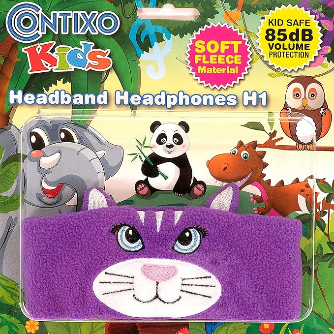 Contixo Kids Headphones, 85dB Volume Limiting with Adjustable Speakers Soft Children Fleece Headband Toddler Headphones for Home and Travel - Animal Character Design-Crab (Cat)